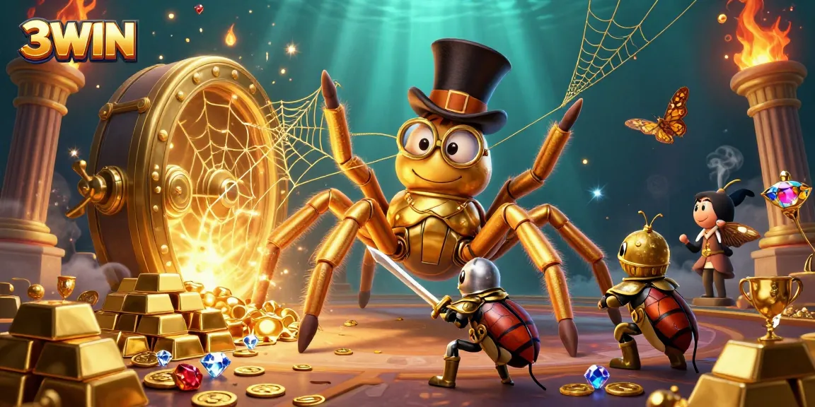 Experience the excitement at 3WIN with a whimsical, colorful casino scene featuring a golden tarantula and treasure.