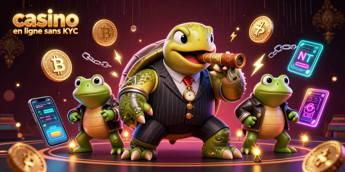 Déambulez dans un casino en ligne sans KYC avec une tortue snappeuse chic entourée de grenouilles de garde.