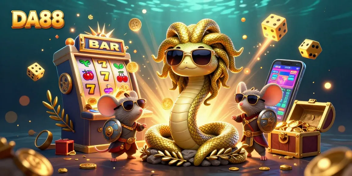 Spin the DA88 slot machine with Medusa and a warrior mouse, celebrating a winning jackpot!
