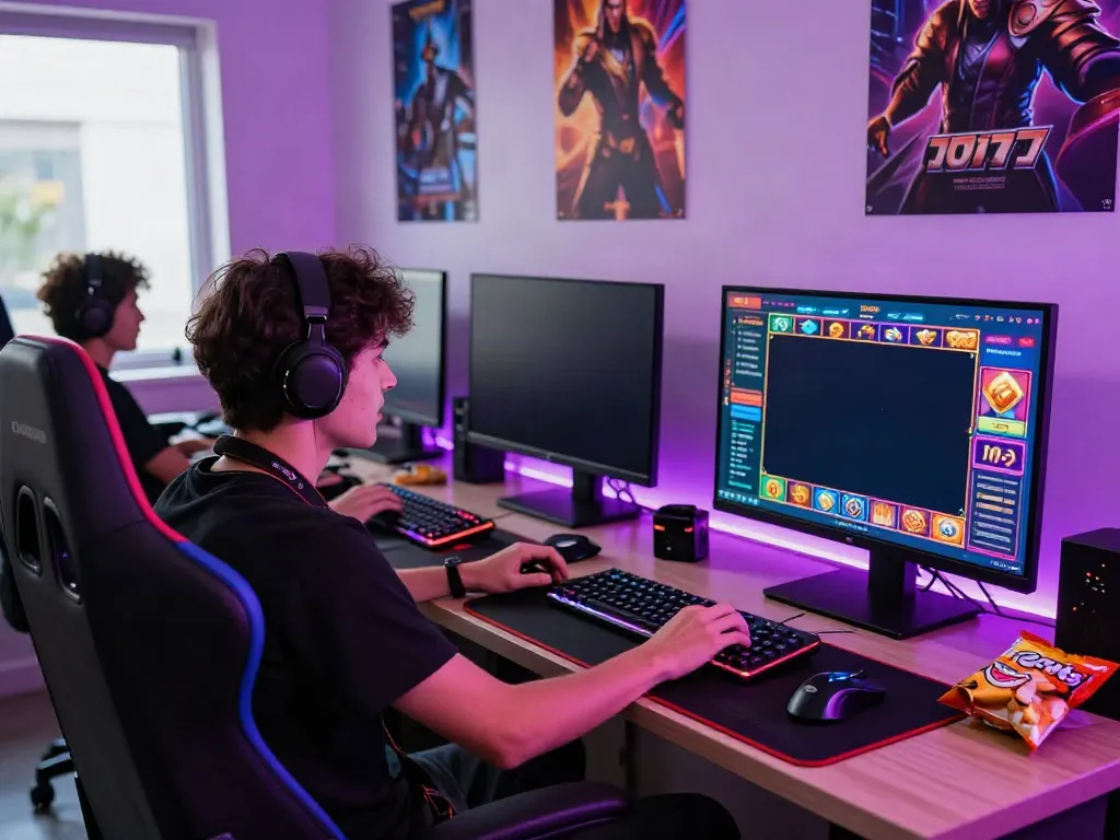 Gamer menikmati pengalaman bermain slot777 dengan peralatan gaming di ruangan yang cerah.