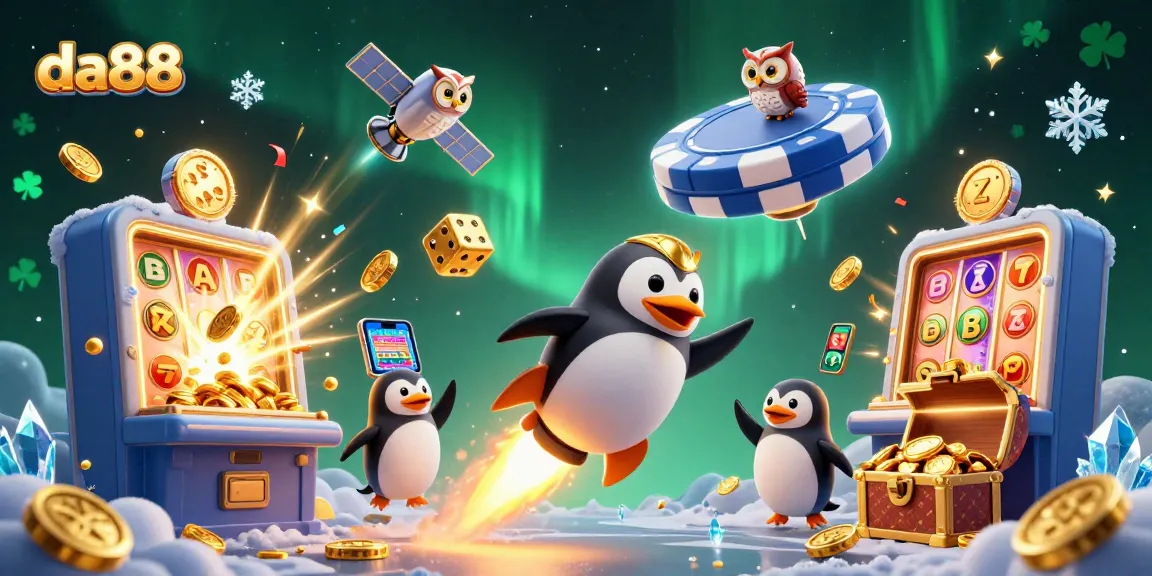 Experience the fun of da88 with a golden penguin and dynamic casino elements in a thrilling 3D illustration.