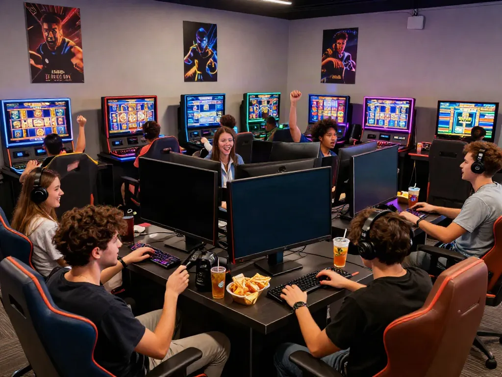 Players enjoying slot games in a vibrant online gaming lounge