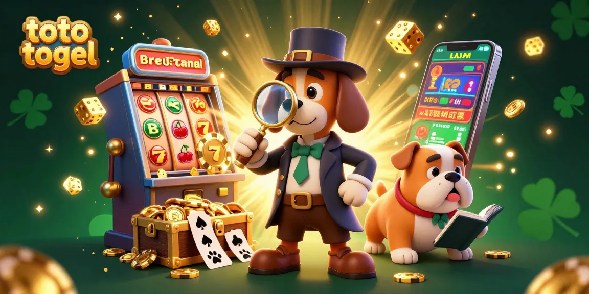 Experience the thrill of toto togel with a detective scene featuring rolling dice, a slot machine, and golden treasures in the air.