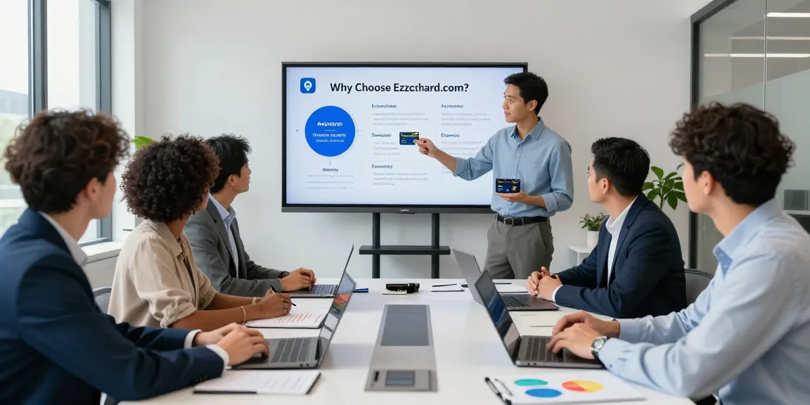 Professional meeting discussing the advantages of Ezzocard.com virtual prepaid cards in a modern financial office.