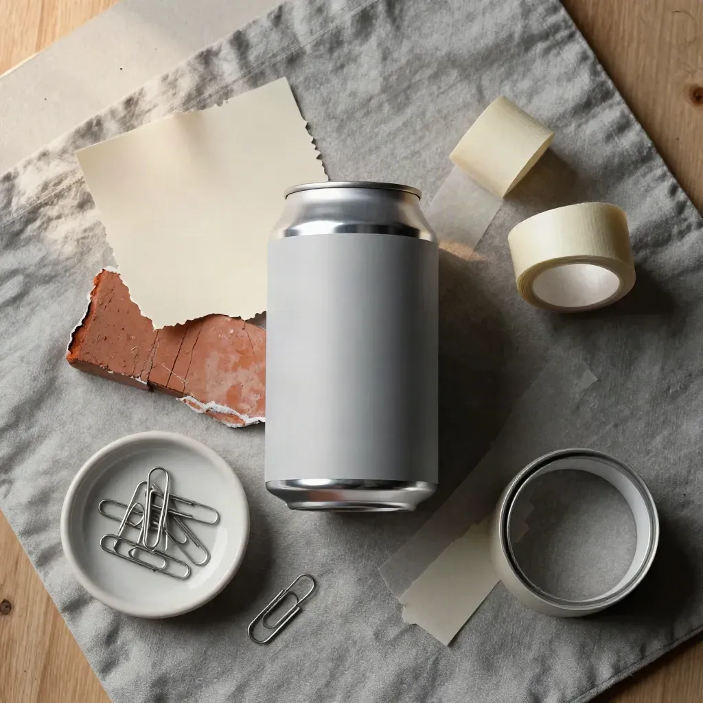 Overhead flatlay of can mockups, brick swatches, masking tape and clips on ash-grey linen.