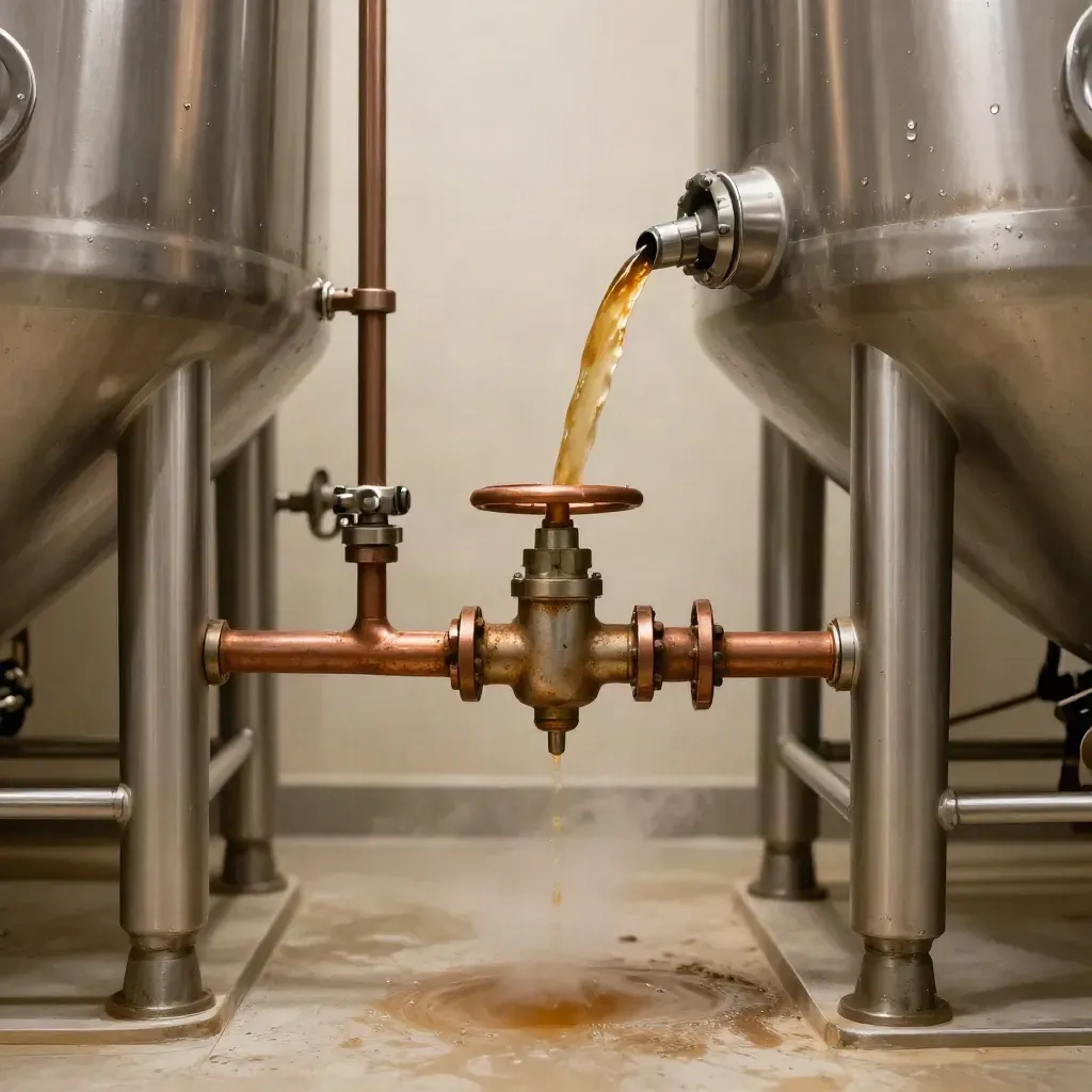 Steam rises around stainless fermenters and a copper valve line in a brewhouse