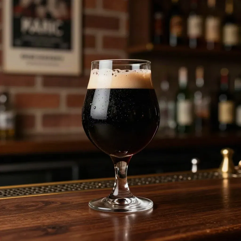 Black stout in a curved snifter by a brick wall, with hazy backbar light and a settling pour.