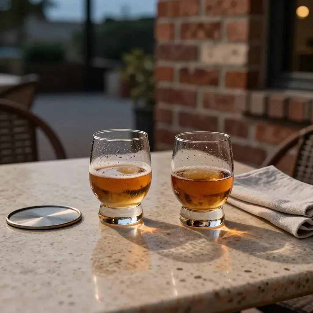 Two tasting glasses on an Austin patio table, brick and stage corner softly blurred at blue hour.