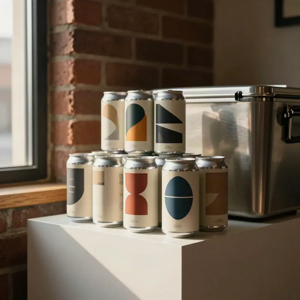 Denver brewery can display on white plinths beside a brushed-metal cooler in warm window light