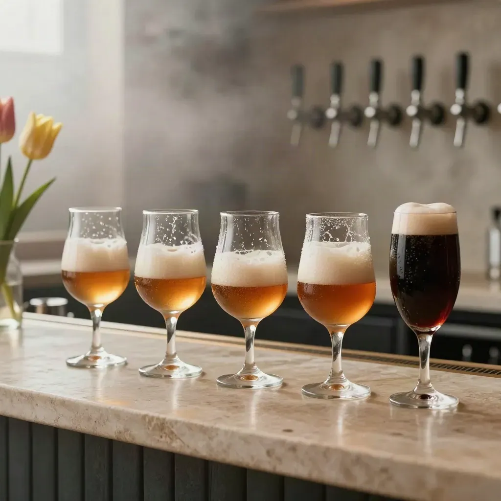 Beer glasses in different shapes lined on a pale stone bar, foam settling and condensation beading.