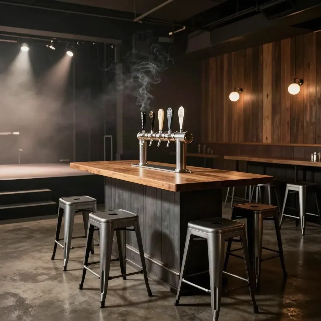 Late-night Austin taproom interior with stools, communal table, and glowing stage lights.