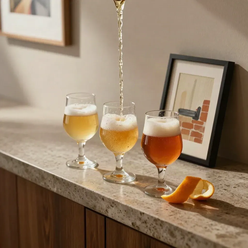 Sour beer flight bubbles beside abstract art and citrus peel on a stone ledge.