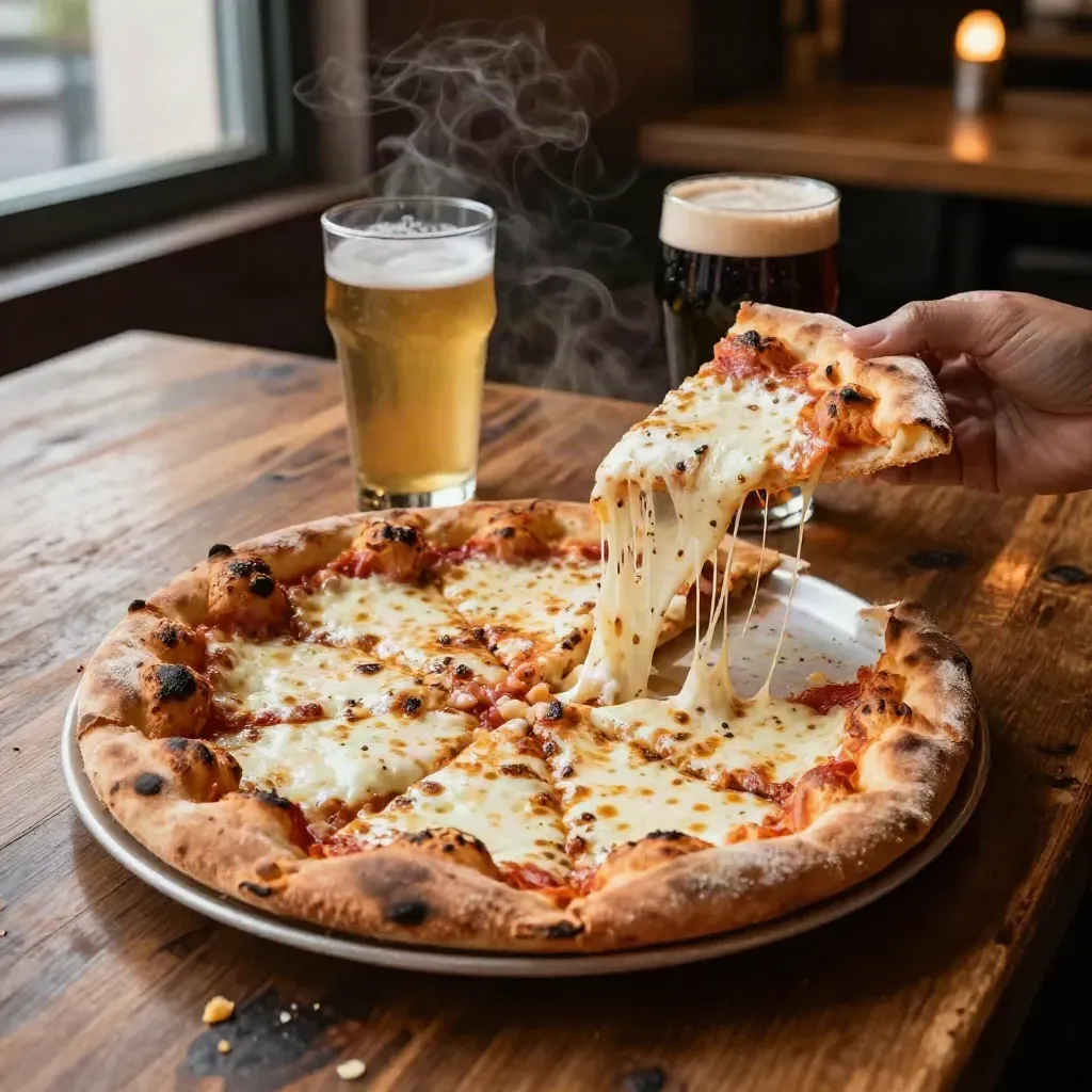 Pizza slice with ale and stout on a warm taproom counter, steam rising.