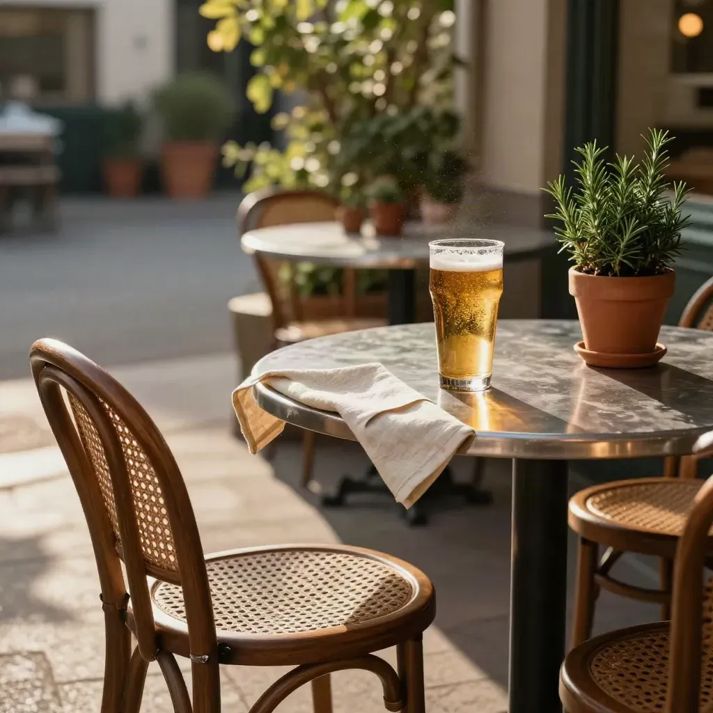 Empty brewery patio corner with bentwood chairs, a beer pint, herbs, and a napkin in late sun.