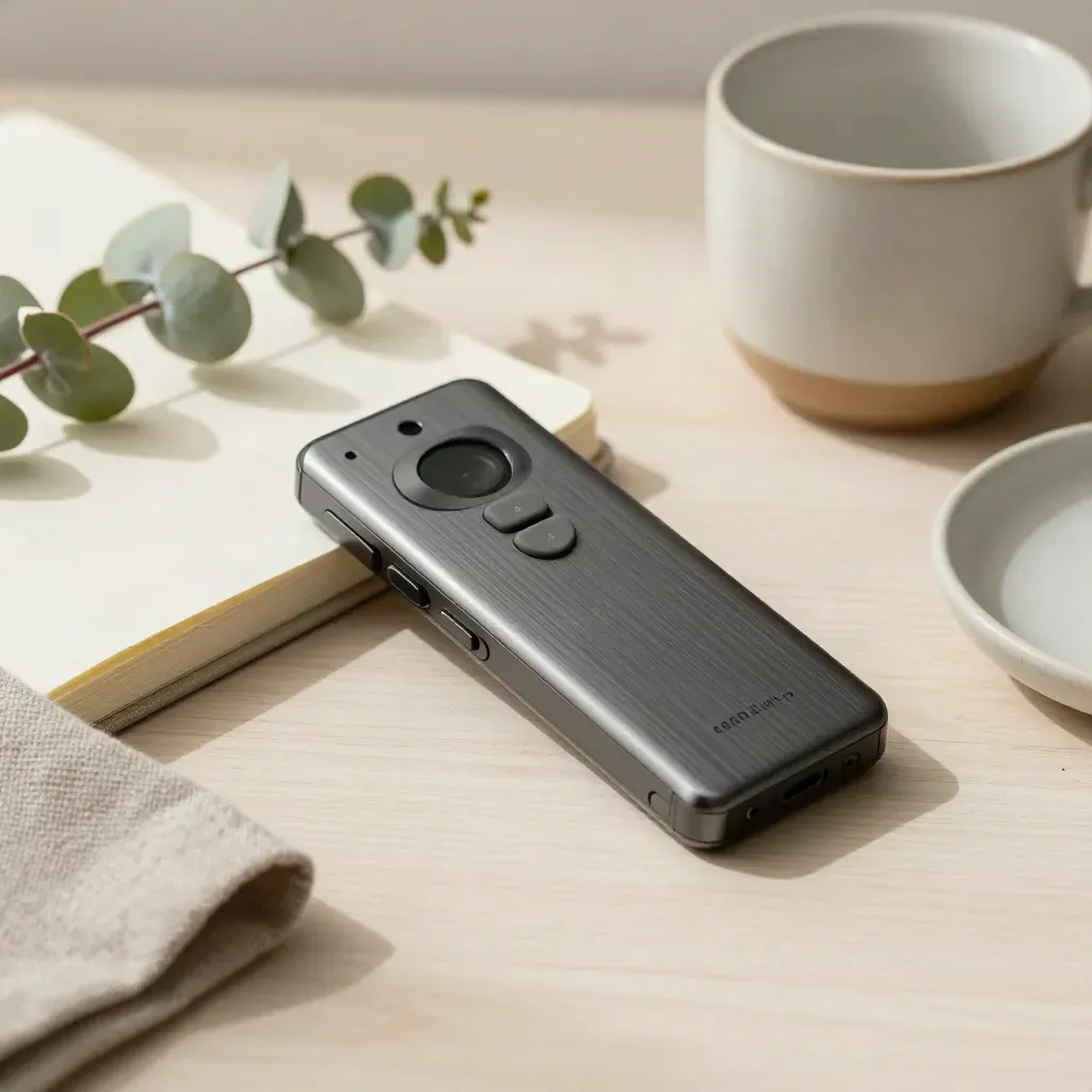 Voice recorder, notebook, cup and eucalyptus on pale wood in soft side light.
