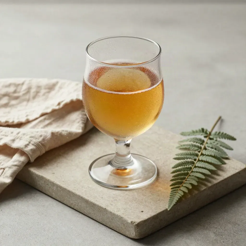 Fogged tulip beer glass on a ceramic coaster with linen and fern on stone