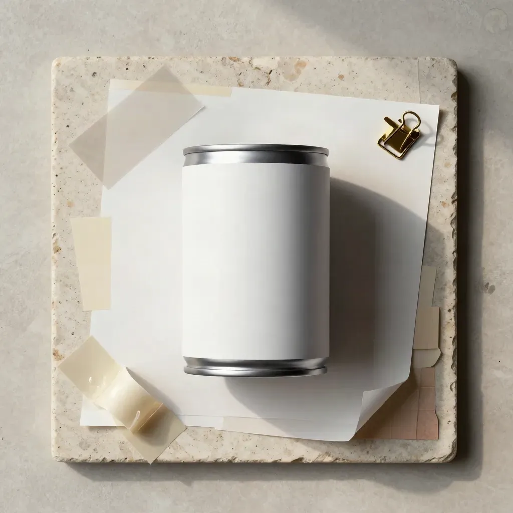 Overhead flatlay of a blank can mockup with paper swatches, tracing film and a brass clip