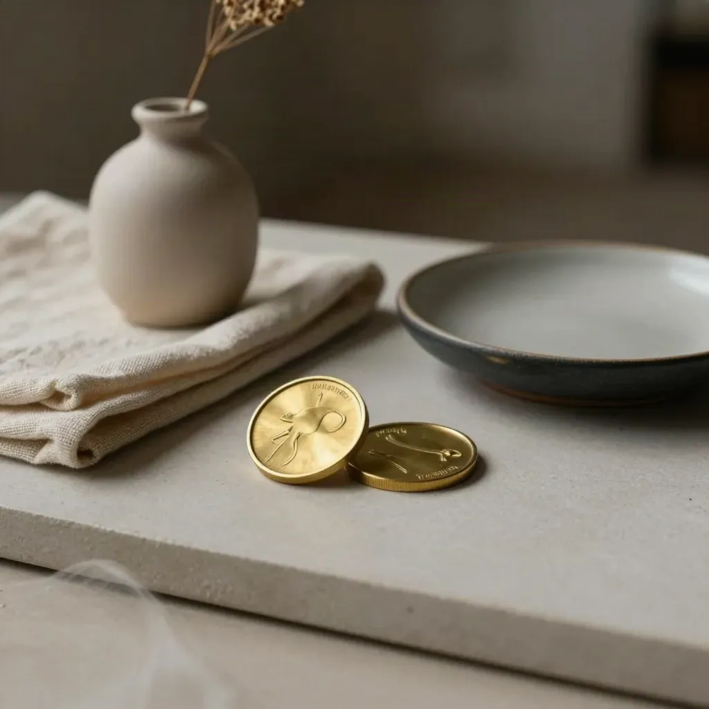 Two brass event tokens with linen, bud vase, and ceramic dish on soft plaster.