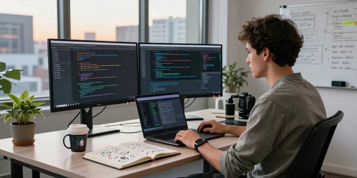 Developer showcasing openclaw skills in a vibrant workspace with monitors, notebooks, and coffee mug.