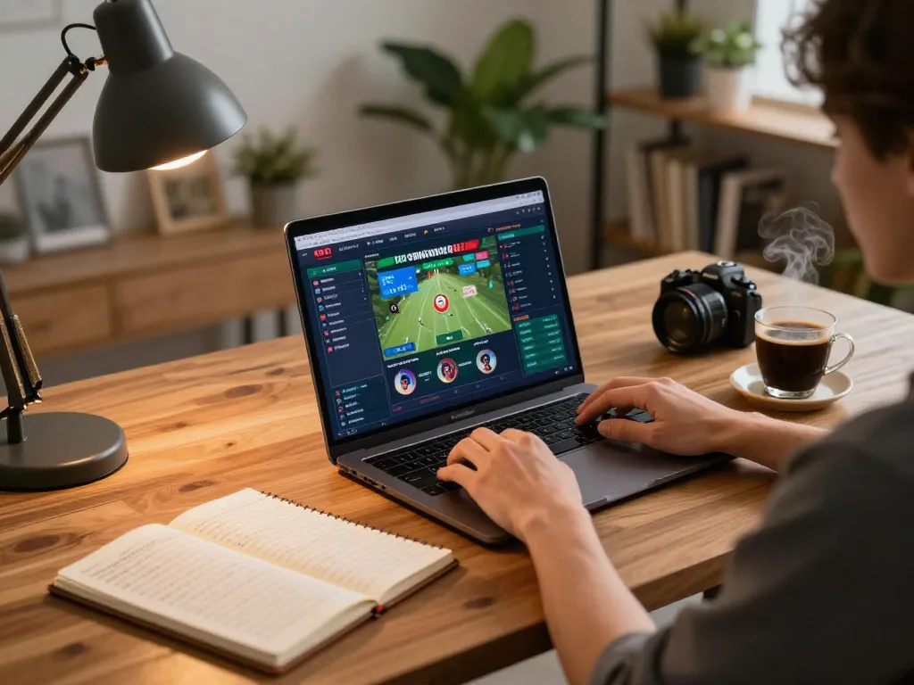Pemain toto togel menganalisis strategi taruhan di laptop di kantor rumah yang nyaman