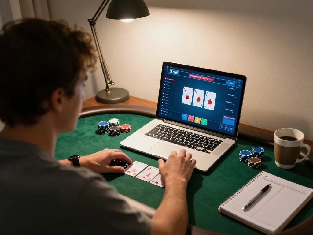 Engaging online poker session at home using a laptop, showcasing sunwin gaming strategy.