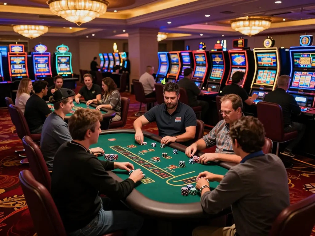 Players engaged in blackjack action at a lively casino floor, showcasing thabet for a vibrant gaming experience.