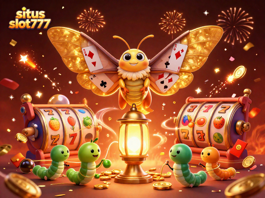 Experience excitement at situs slot777 with vibrant slot reels, golden lanterns, and captivating characters.