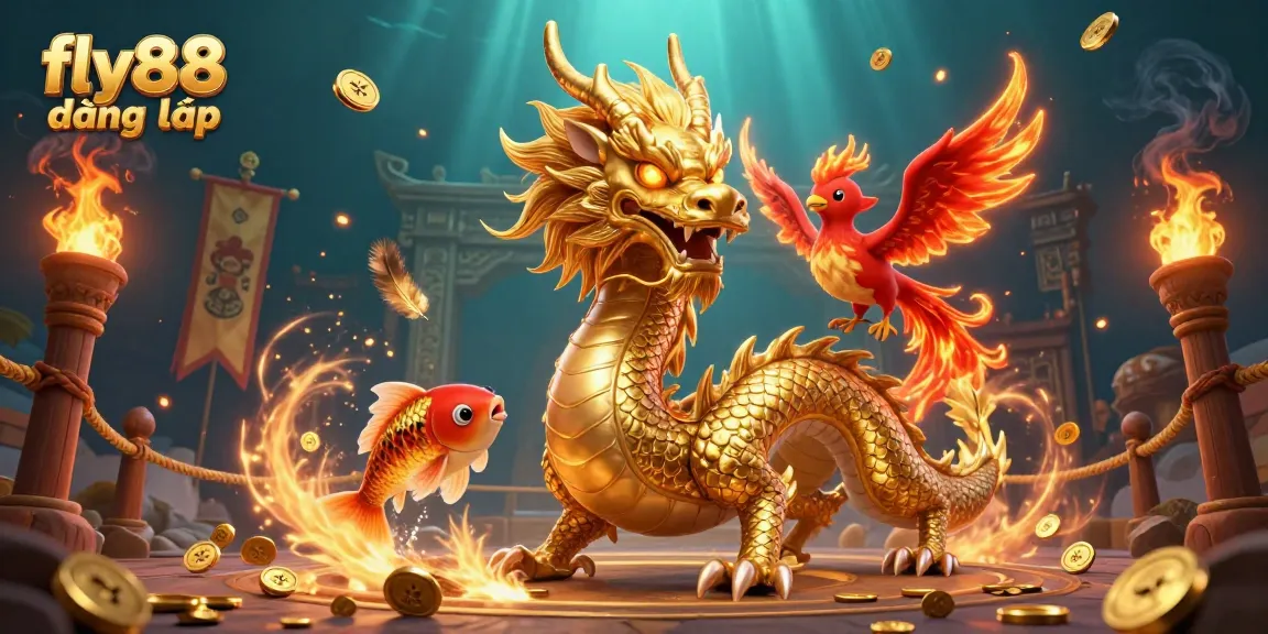 Experience the thrill of gambling with fly88 đăng nhập, featuring a powerful dragon, phoenix, and koi fish amidst golden coins.