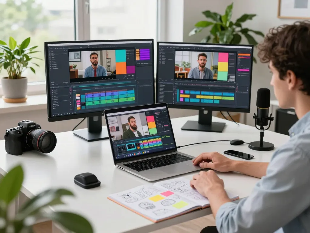 Content creator using video to prompt ai in a bright digital workspace with editing tools and vibrant displays.
