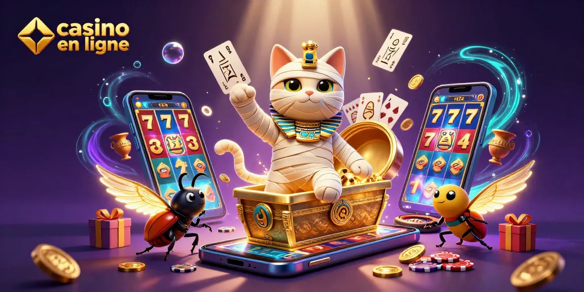 Jouez à des jeux de casino en ligne avec un chat momie égyptien et des pièces dorées dans un casino pyramidal.