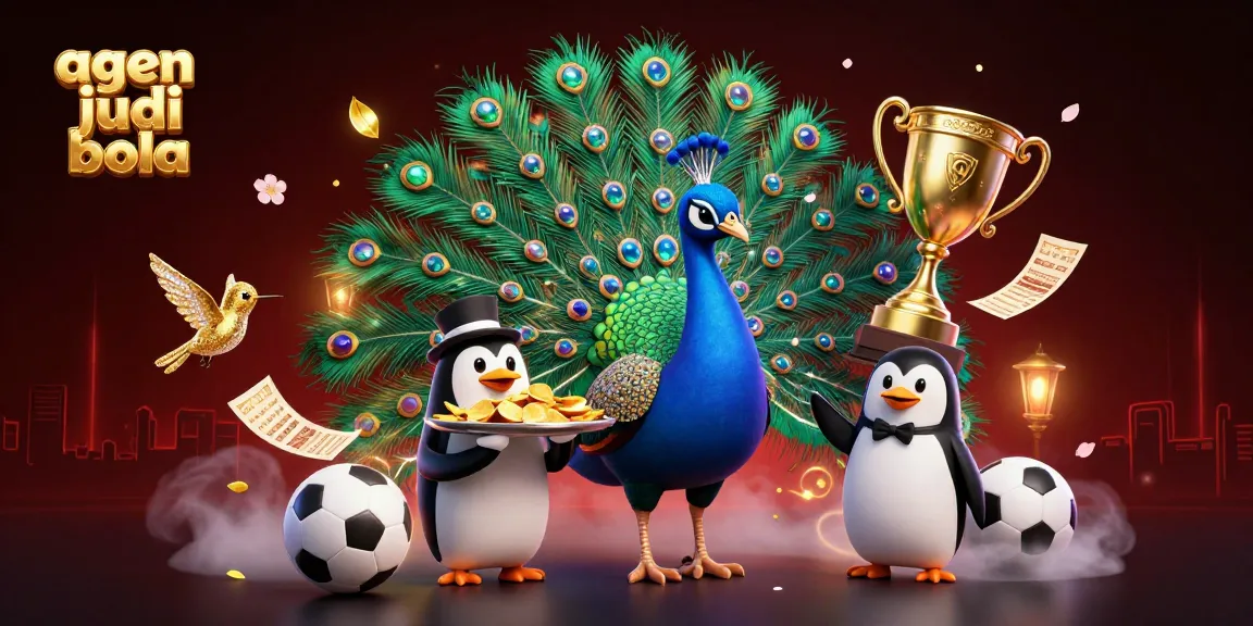 Bet on sports with agen judi bola, featuring a dazzling peacock and a penguin butler in a vibrant casino scene.