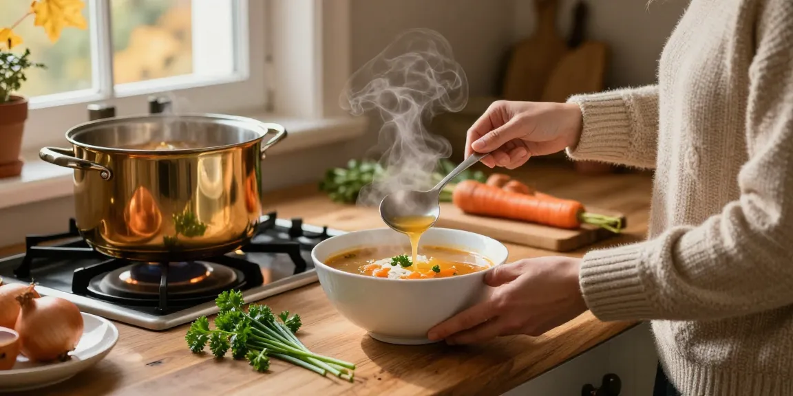 Leckere Klare Suppe, die in einer gemütlichen Küche serviert wird, mit frischen Zutaten und warmem Ambiente
