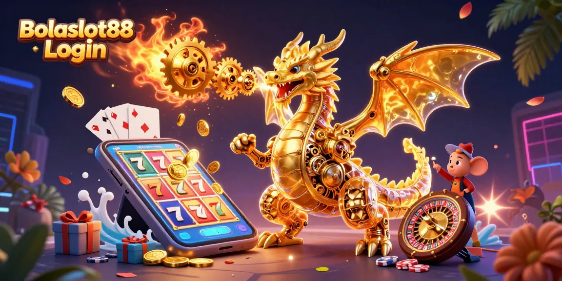 Bolaslot88 Login showcases an impressive 3D dragon illustration with colorful slot game elements for an engaging experience.
