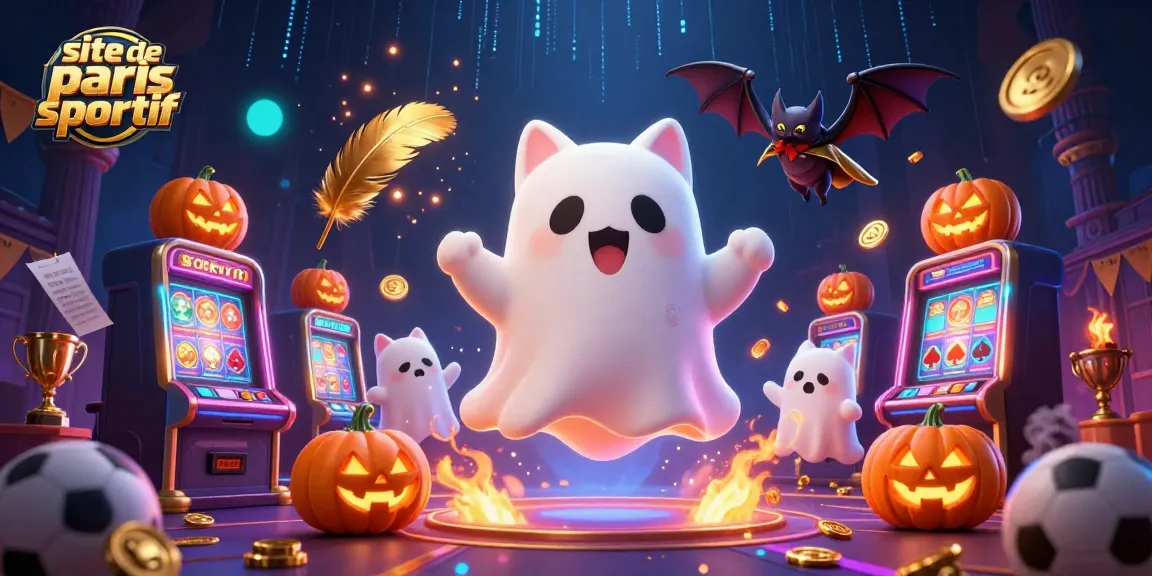 Le site de paris sportif propose une ambiance dynamique avec un fantôme chat, une chauve-souris, et des éléments de paris autour d'eux.