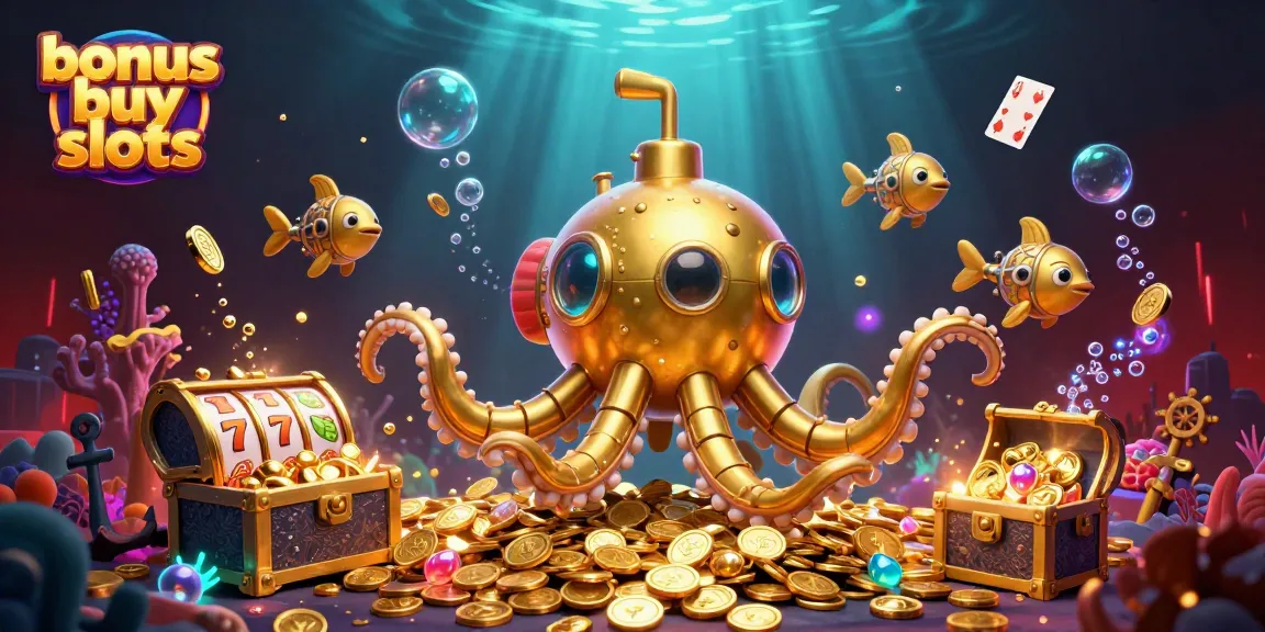 Experience the thrill of bonus buy slots with a golden kraken submarine and floating slot reels amid a treasure-filled scene.