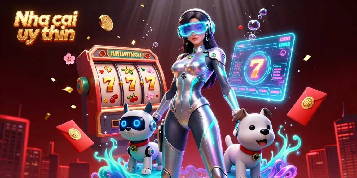 Nha cai uy tin showcases an exciting 3D illustration of a woman with a robotic dog amidst dynamic gambling elements like slot machines and jade coins.