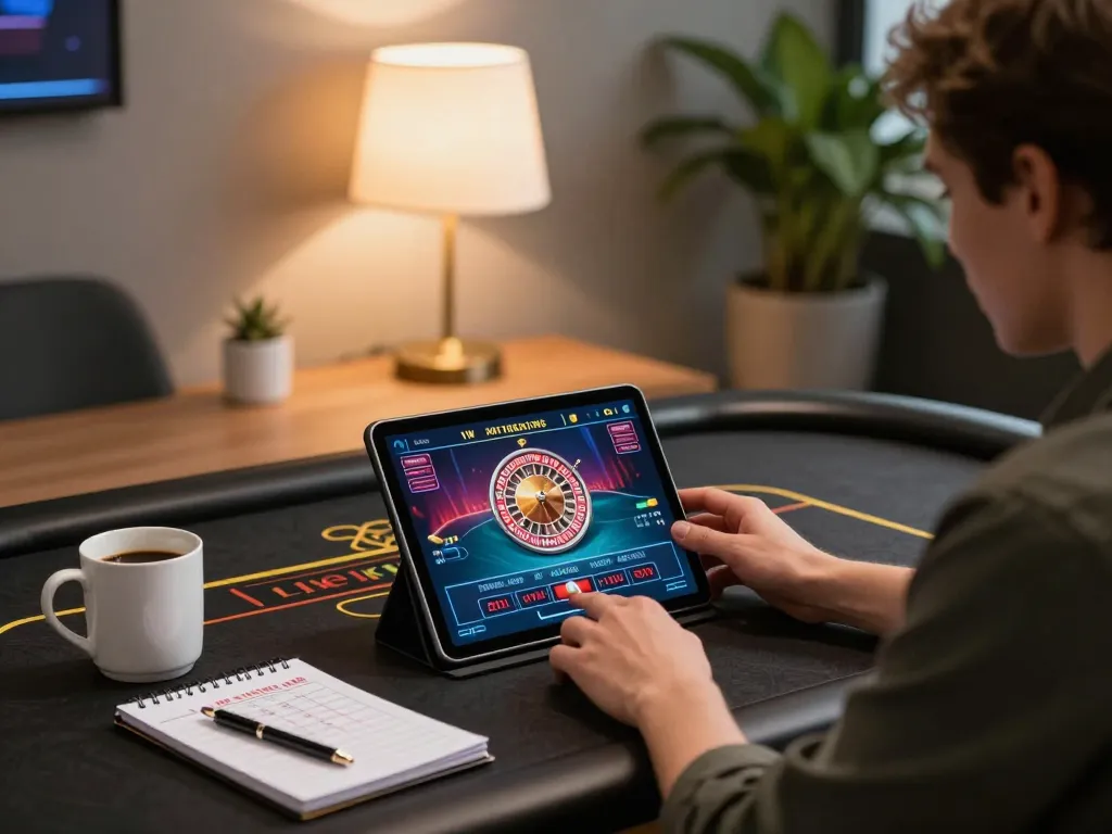 Engaging in online gaming at Siapbos88 with a tablet displaying roulette interface, cozy home setting.