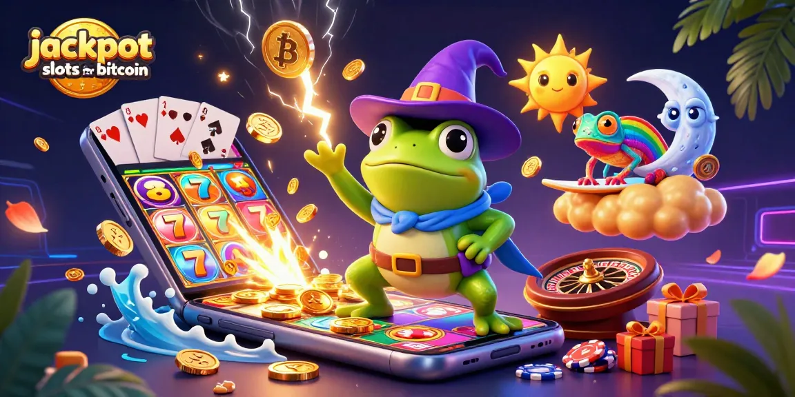 Experience the thrill of jackpot slots for bitcoin with a 3D illustration of vibrant characters and gaming elements.