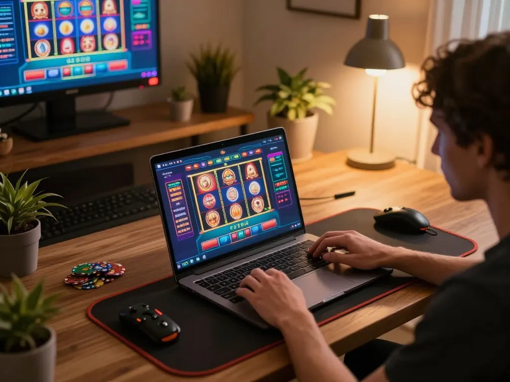Player engaging in online casino games on laptop through okwin app, showcasing vibrant gameplay and strategic betting.