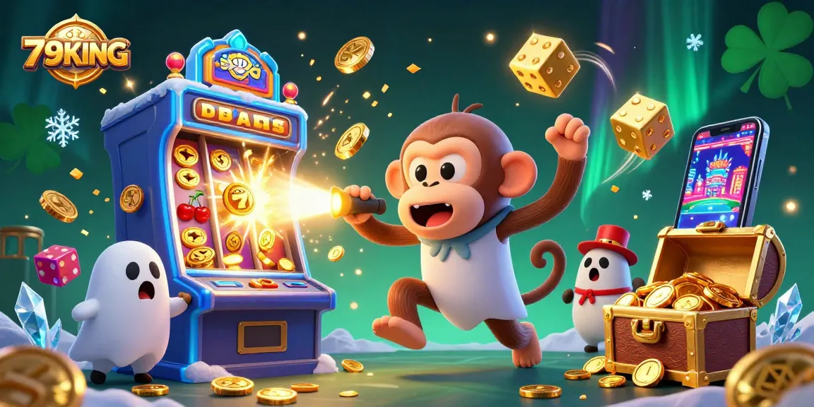 Experience the magical world of 79KING with a playful poltergeist monkey and ghost-hunter puppy in a colorful casino.