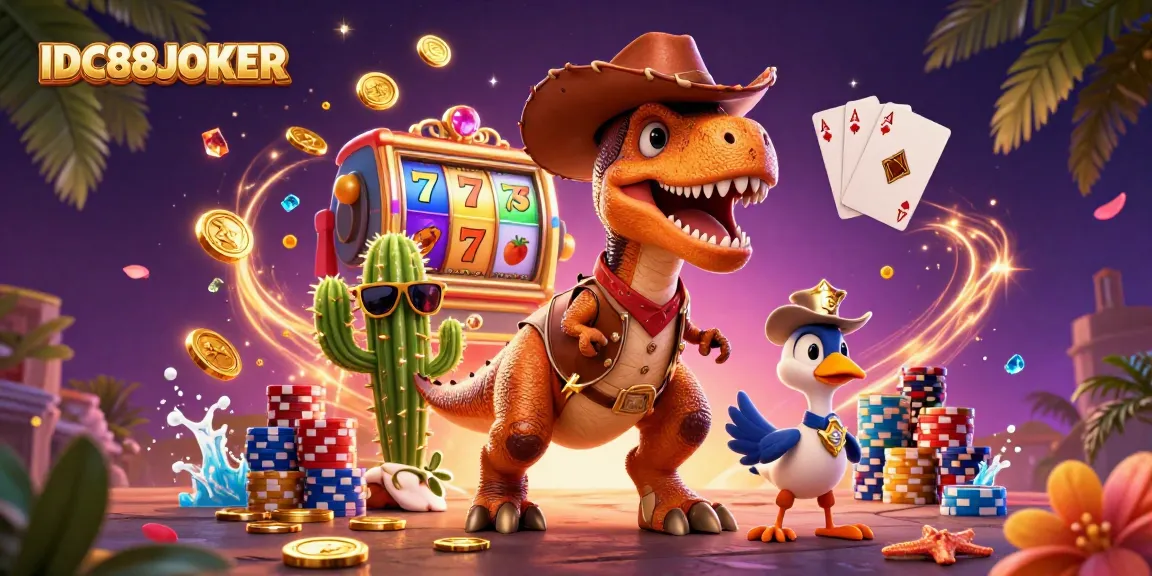 Play exciting slots and win big with IDC88JOKER featuring T-Rex, a cactus sidekick, and a roadrunner.
