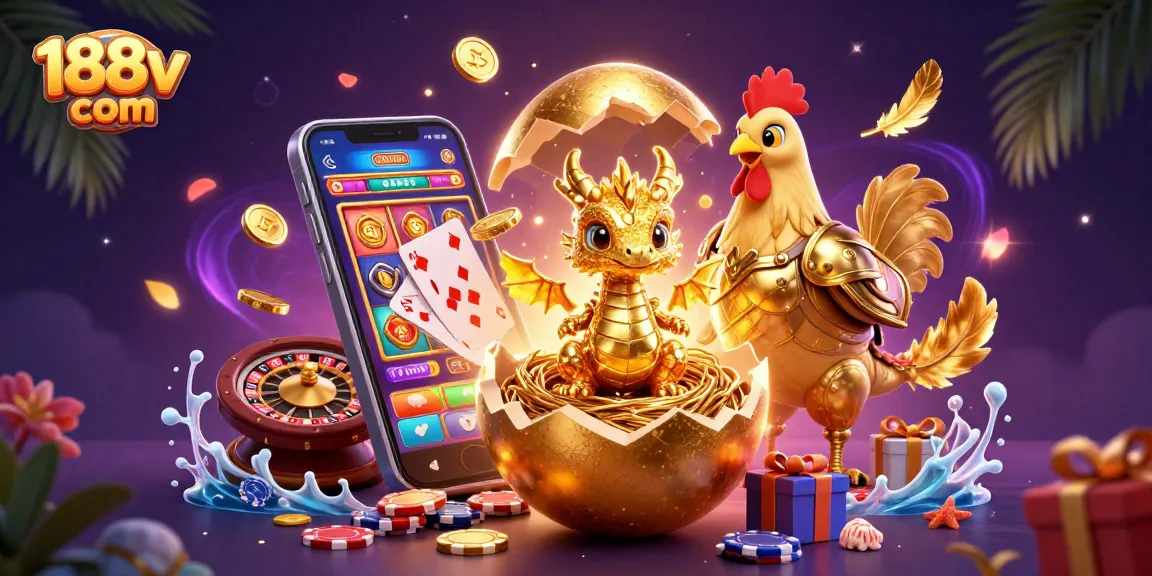 Engage with 188v com as a colossal golden egg reveals a golden baby dragon amidst vibrant casino elements.