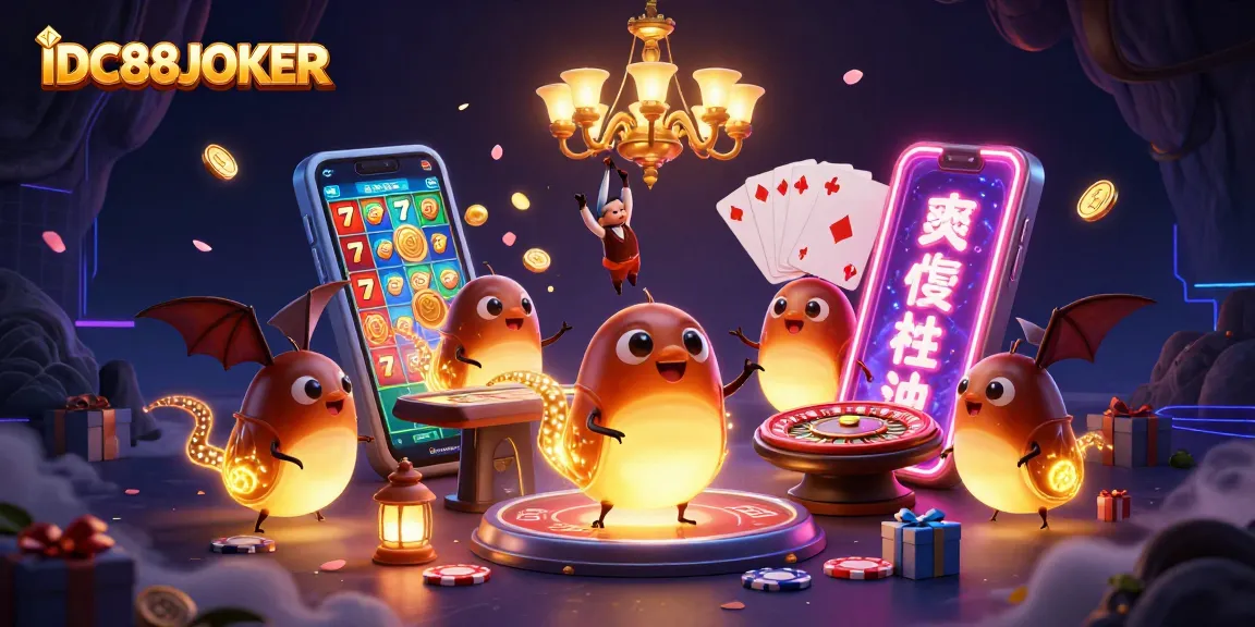 Join the fun at IDC88JOKER with this vibrant casino scene featuring glowing characters and exciting game elements.