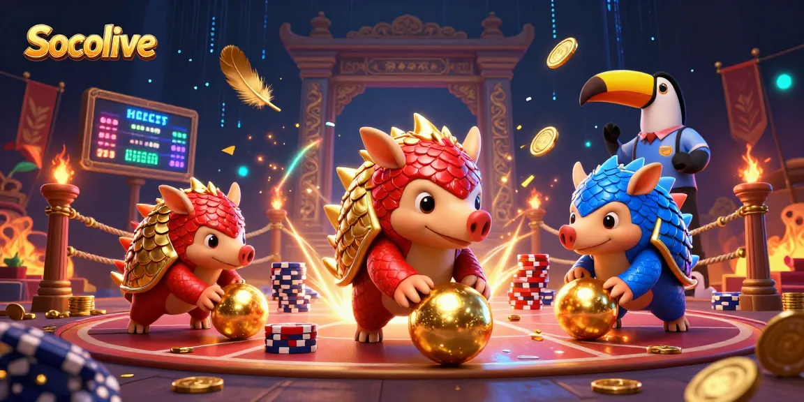 Socolive engages users with live sports betting action amidst a vibrant 3D scene featuring animated pangolins.