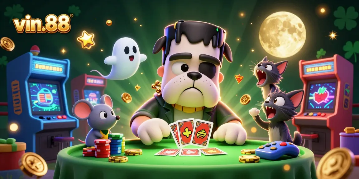 Experience thrilling gaming action at vin.88's vibrant online casino with a spooky monster dealer.