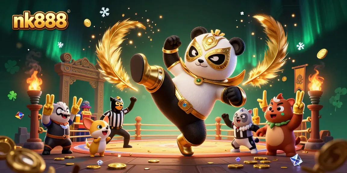 Experience nk888 thrills with a vibrant 3D wrestling-themed casino illustration featuring lively characters and dynamic elements.