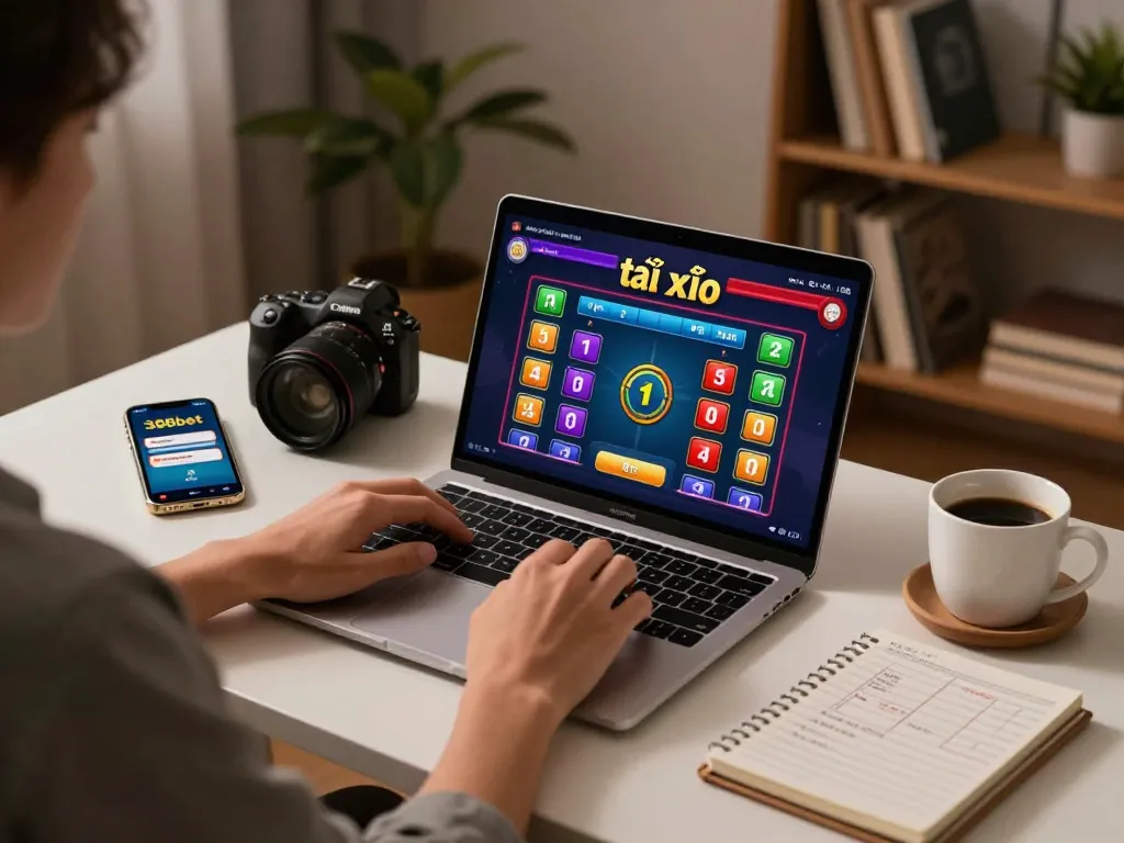 Player engaging with nhà cái 388bet on a laptop, showcasing vibrant online game interface while taking strategic notes.