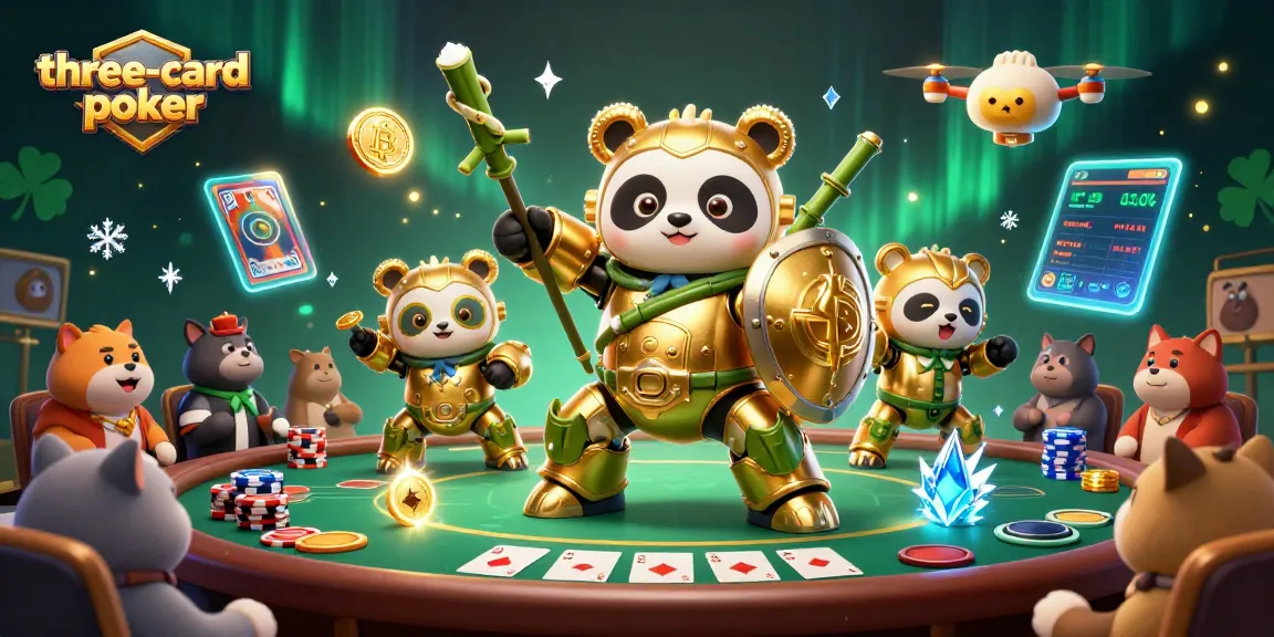 Engage in three-card-poker as the golden panda navigates a dynamic poker arena filled with action.