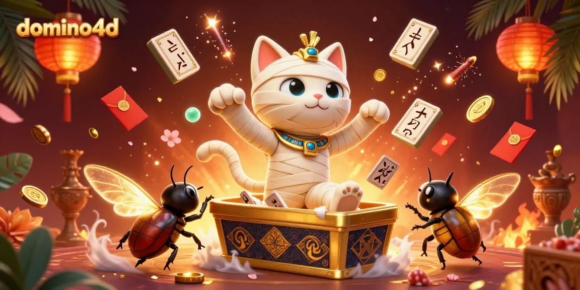 Gambarkan domino4d dengan kucing mummy 3D dan elemen kasino yang penuh warna untuk pengalaman judi yang menarik.