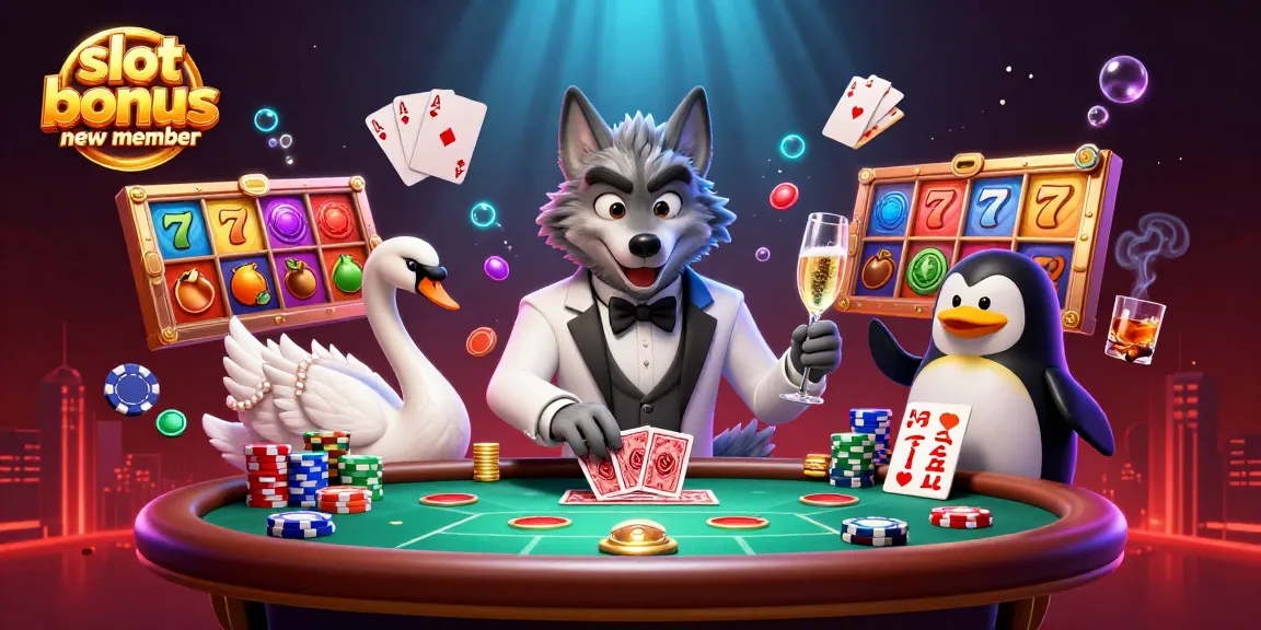 Engaging 3D illustration of a debonair wolf, elegant swan, and penguin presenting slot bonus new member at a vibrant casino table.